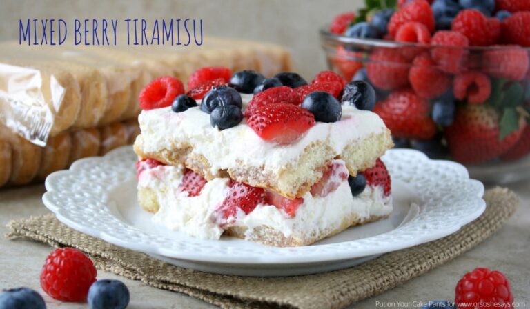 Mixed Berry Tiramisu is a fresh, summery take on a classic. See the recipe at www.orsoshesays.com.