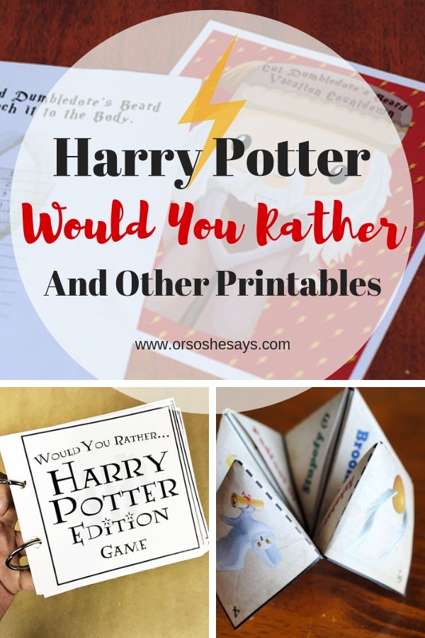 Who doesn't love Harry Potter?! Adelle is sharing a Harry Potter Would You Rather game, as well as two other Harry Potter printables for all your wizarding needs. www.orsoshesays.com #harrypotterwouldyourather #harrypotterprintables #harrypotter #hogwarts #games #ldsblogger #lds #mormonblogger #mormon