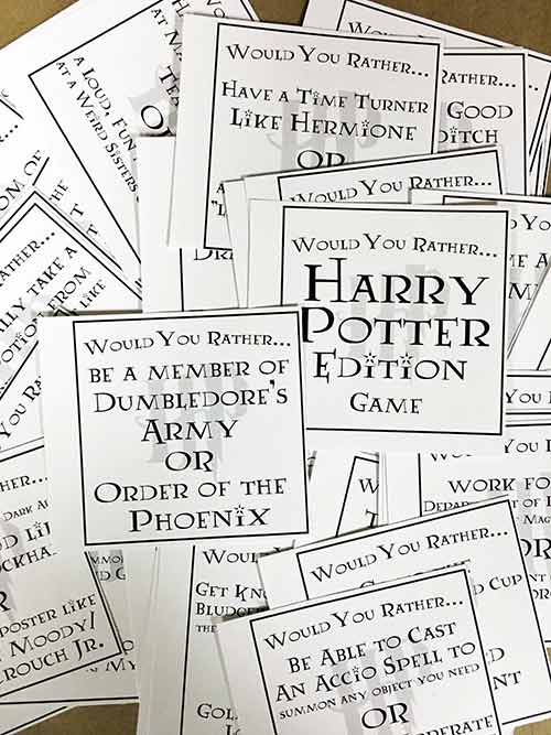 Who doesn't love Harry Potter?! Adelle is sharing a Harry Potter Would You Rather game, as well as two other Harry Potter printables for all your wizarding needs. www.orsoshesays.com #harrypotterwouldyourather #harrypotterprintables #harrypotter #hogwarts #games #ldsblogger #lds #mormonblogger #mormon