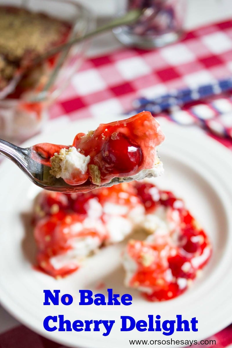 No bake cherry delight is a perfect dessert for your next party or potluck. Find the recipe on www.orsoshesays.com.