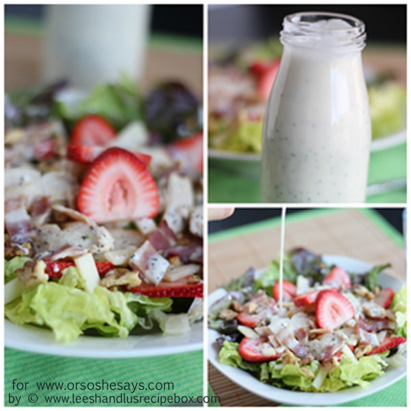 Try this summer strawberry salad paired with grilled chicken, bacon and creamy poppyseed dressing. The kids will LOVE all these elements, even if you have to separate them on the plate! Get the recipe on www.orsoshesays.com.