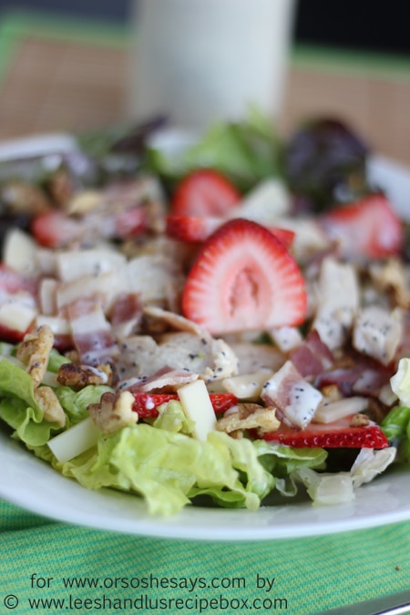 Try this summer strawberry salad paired with grilled chicken, bacon and creamy poppyseed dressing. The kids will LOVE all these elements, even if you have to separate them on the plate! Get the recipe on www.orsoshesays.com.