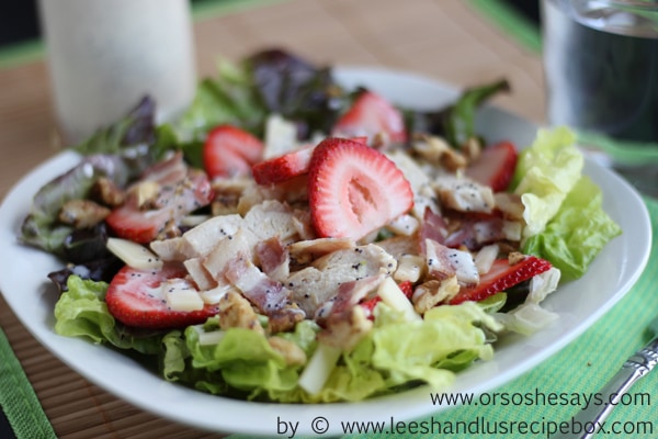 Try this summer strawberry salad paired with grilled chicken, bacon and creamy poppyseed dressing. The kids will LOVE all these elements, even if you have to separate them on the plate! Get the recipe on www.orsoshesays.com.