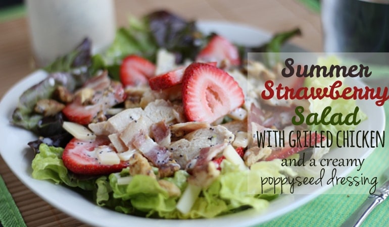 Try this summer strawberry salad paired with grilled chicken, bacon and creamy poppyseed dressing. The kids will LOVE all these elements, even if you have to separate them on the plate! Get the recipe on www.orsoshesays.com.