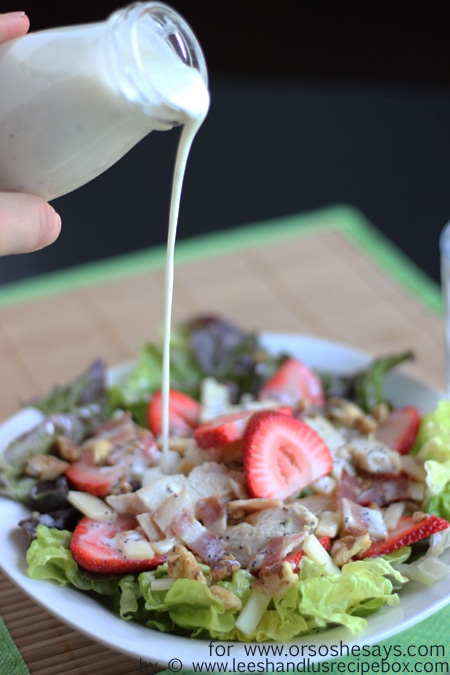 Try this summer strawberry salad paired with grilled chicken, bacon and creamy poppyseed dressing. The kids will LOVE all these elements, even if you have to separate them on the plate! Get the recipe on www.orsoshesays.com.