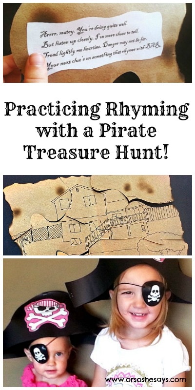 Practicing Rhyming with a Pirate Treasure Hunt! This is a fun way to teach rhyming to young children. Find the activity on www.orsoshesays.com.