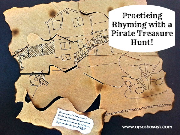 Practicing Rhyming with a Pirate Treasure Hunt! This is a fun way to teach rhyming to young children. Find the activity on www.orsoshesays.com.