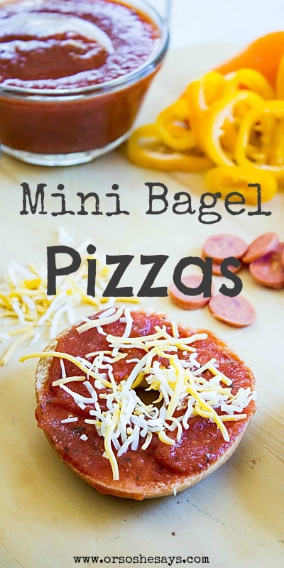 Mini bagel pizzas are a really fun way to serve up a meal the family may otherwise be getting tired of. Try this version of pizza in the toaster oven, too, to keep that extra heat to a minimum in the kitchen this summer!