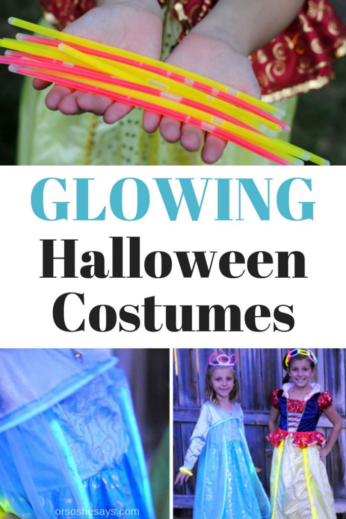 Glowing Halloween Costumes are a great way to add a little extra safety to a spooky night! See how you can transform an existing dress-up into something glowy in today's post. www.orsoshesays.com #halloween #disneyland #disney #princesscostume #glowingcostume