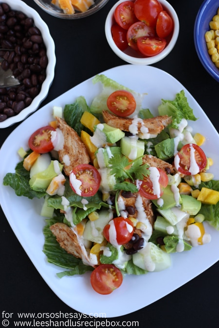 Hold on to the last days of summer with this fresh, delicious BBQ Chicken Salad from Leesh & Lu. Get the recipe on www.orsoshesays.com.