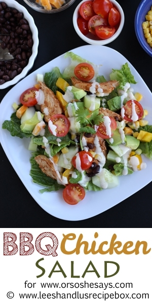 Hold on to the last days of summer with this fresh, delicious BBQ Chicken Salad from Leesh & Lu. Get the recipe on www.orsoshesays.com.