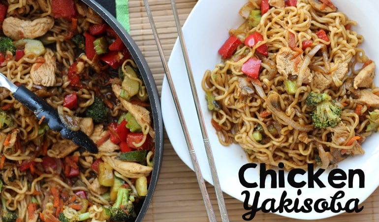 Noodles, chicken and your veggies of choice- Chicken Yakisoba is a one-dish wonder the whole family will love! Get the recipe on www.orsoshesays.com.