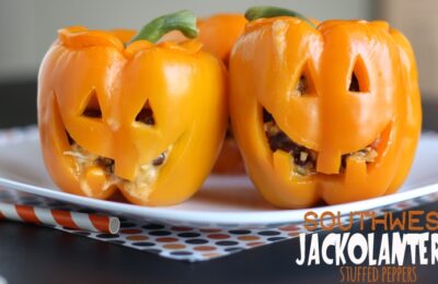 These jack-o'-lantern stuffed peppers are so easy and would make the most fun dinner for Halloween night or a Halloween party! See the how-to on www.orsoshesays.com today.