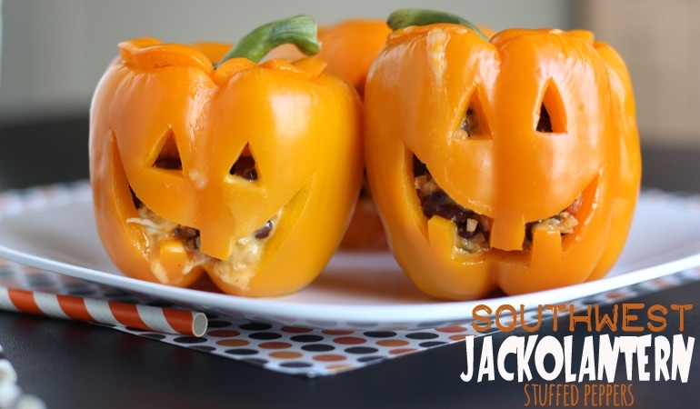 These jack-o'-lantern stuffed peppers are so easy and would make the most fun dinner for Halloween night or a Halloween party! See the how-to on www.orsoshesays.com today.