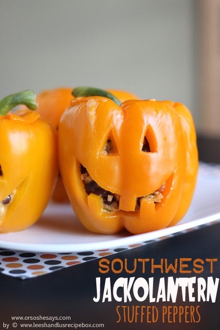 These jack-o'-lantern stuffed peppers are so easy and would make the most fun dinner for Halloween night or a Halloween party! See the how-to on www.orsoshesays.com today.