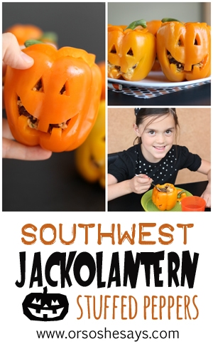 These jack-o'-lantern stuffed peppers are so easy and would make the most fun dinner for Halloween night or a Halloween party! See the how-to on www.orsoshesays.com today.