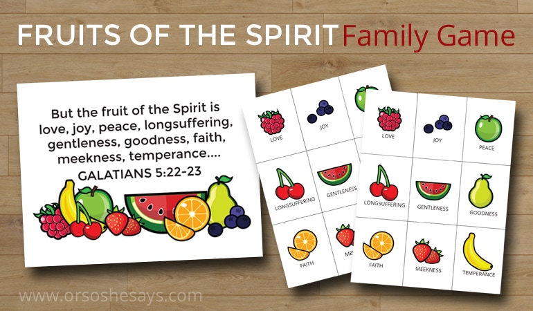 Here's a fun family game, perfect for delving just a little deeper into the scriptures discussing the fruits of the spirit. Get the printables on www.orsoshesays.com..
