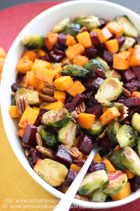 Thanksgiving is just around the corner and we have the perfect side dish for you to add to the table. Not only are these roasted veggies crazy delicious, the colors are gorgeous and you will wow all your friends and family with how beautiful this simple side dish is. Get the recipe on www.orsoshesays.com.