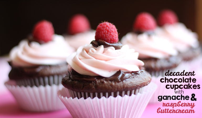 Perfect for Valentine's Day, these decadent chocolate cupcakes are topped with ganache and raspberry buttercream frosting. Get the recipe on the blog today! www.orsoshesays.com