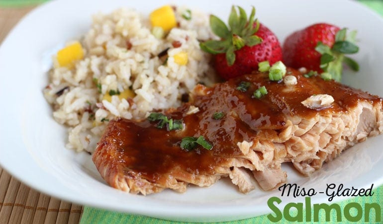 Salty and sweet, this miso glazed salmon is a simple but fancy-tasting meal the whole family can enjoy. Get the recipe on www.orsoshesays.com.