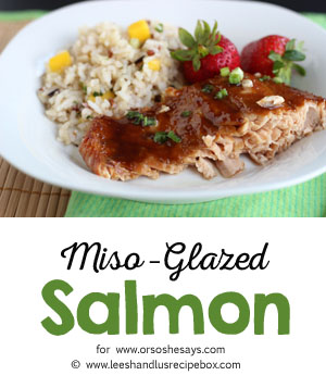 Salty and sweet, this miso glazed salmon is a simple but fancy-tasting meal the whole family can enjoy. Get the recipe on www.orsoshesays.com.