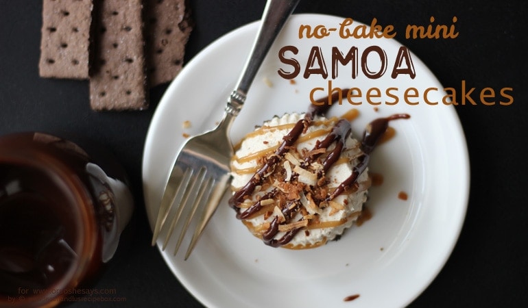 No Bake Cheesecake - Mini Samoas You Can Make Ahead! Get the recipe on www.orsoshesays.com.