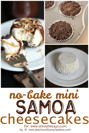 No Bake Cheesecake - Mini Samoas You Can Make Ahead! Get the recipe on www.orsoshesays.com.