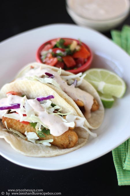 Does the thought of making fish tacos overwhelm you? Thank goodness we've got some shortcuts to make it easier to bring this dinner together! Get the recipe at www.orsoshesays.com.