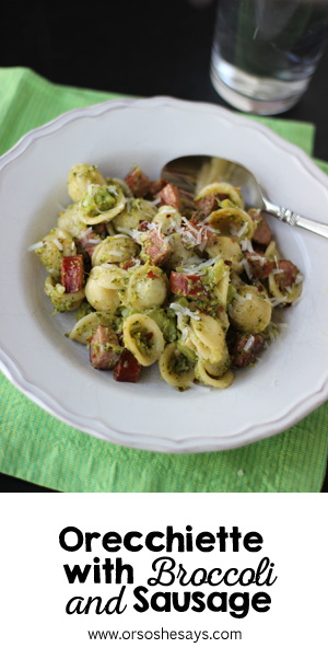 This dish is made without cream, so it's a lighter recipe that's perfect for the heat. Summer pasta may not be your first thought, but it's worth a shot! This orecchiette with broccoli and sausage is delish, and the kids love the fun shaped pasta they picked out! www.orsoshesays.com