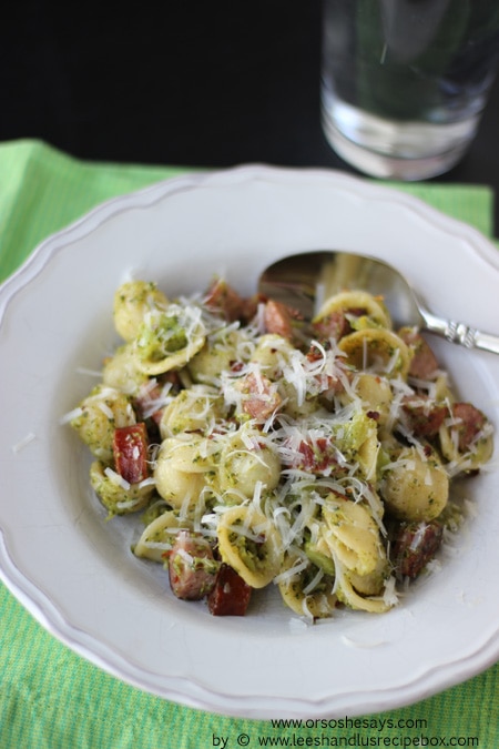 This dish is made without cream, so it's a lighter recipe that's perfect for the heat. Summer pasta may not be your first thought, but it's worth a shot! This orecchiette with broccoli and sausage is delish, and the kids love the fun shaped pasta they picked out! www.orsoshesays.com