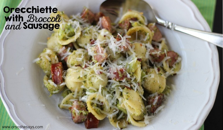This dish is made without cream, so it's a lighter recipe that's perfect for the heat. Summer pasta may not be your first thought, but it's worth a shot! This orecchiette with broccoli and sausage is delish, and the kids love the fun shaped pasta they picked out! www.orsoshesays.com