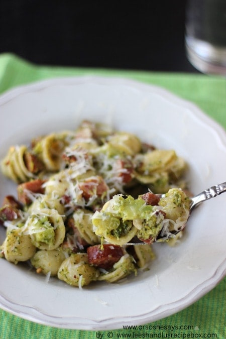This dish is made without cream, so it's a lighter recipe that's perfect for the heat. Summer pasta may not be your first thought, but it's worth a shot! This orecchiette with broccoli and sausage is delish, and the kids love the fun shaped pasta they picked out! www.orsoshesays.com