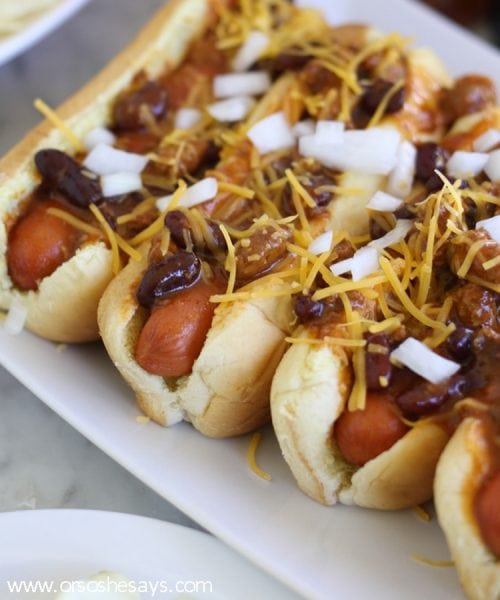 Whether watching the big game at home or at the stadium, these chili dogs would be a great addition to your tailgate spread.