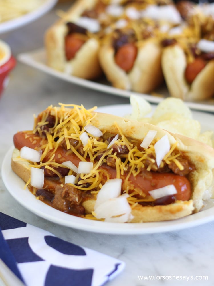 Whether watching the big game at home or at the stadium, these chili dogs would be a great addition to your tailgate spread.