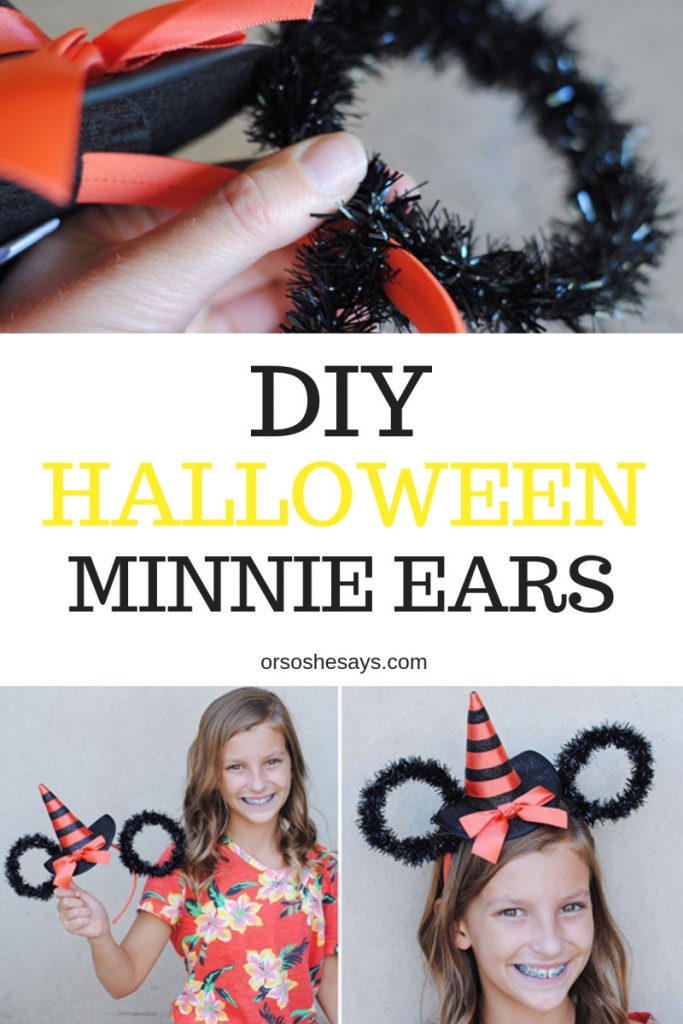 You too can transform your own witch headband into Halloween Minnie Ears at home in just 10 minutes! www.orsoshesays.com #halloween #minniemouse #minnieears #mouseears #costume #diy