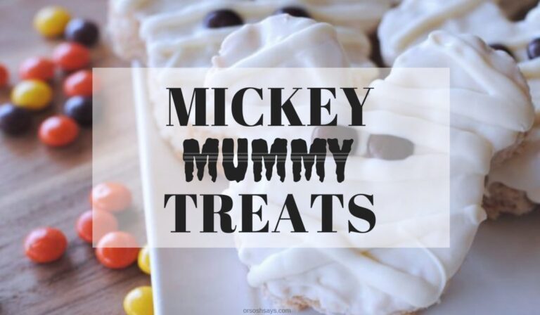 One of my favorite Halloween Time treats is the Mickey Mummy Crispy Treats. They are a seasonal treat offered during Halloween Time and can be found at the Candy Palace in Disneyland. Luckily, you can make a batch right at home with this copycat recipe, even if you aren’t planning on attending the frightful fun. www.orsoshesays.com #mickeymouse #mickeytreats #mummy #halloween #recipe #ricekrispytreats #snacks