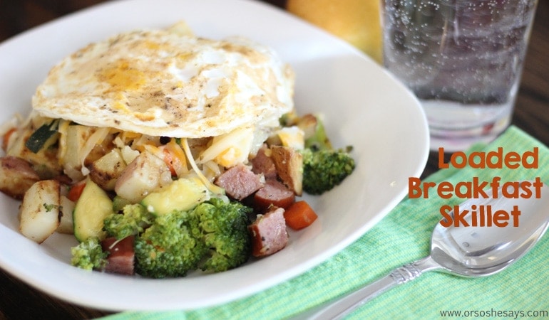 This loaded breakfast skillet is our go-to brinner when we have veggies in the fridge that need to be used up. It's so fast, filling, and easily adaptable to whatever veggies you have on hand. Get the how-to on the blog: www.orsoshesays.com