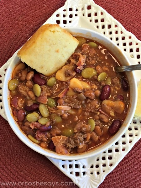 Beans sweetened with brown sugar and flavored with bacon make this instant pot soup recipe a must-try! It's a true southern dish the whole family will love. Get the recipe at www.orsoshesays.com.