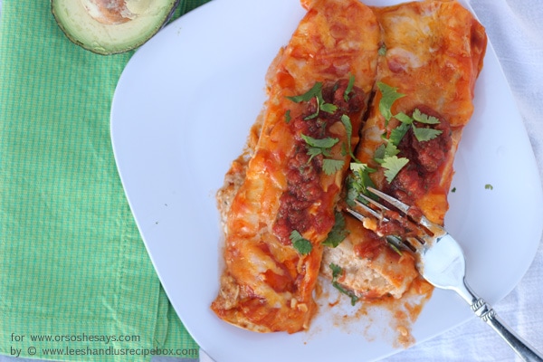Chicken enchiladas with a surprise ingredient in today's post from Leesh & Lu! Get the recipe on the blog today: www.orsoshesays.com