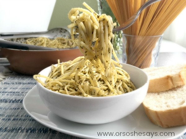 This 4 ingredient chicken pesto pasta can be on the table in just 30 minutes! Yes, that includes the chicken prep, and grating the cheese! Get the recipe today on the blog: www.orsoshesays.com