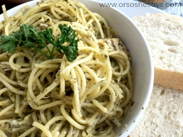 This 4 ingredient chicken pesto pasta can be on the table in just 30 minutes! Yes, that includes the chicken prep, and grating the cheese! Get the recipe today on the blog: www.orsoshesays.com