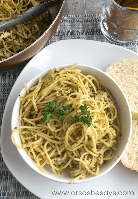 This 4 ingredient chicken pesto pasta can be on the table in just 30 minutes! Yes, that includes the chicken prep, and grating the cheese! Get the recipe today on the blog: www.orsoshesays.com