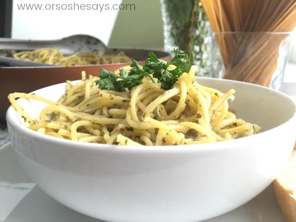 This 4 ingredient chicken pesto pasta can be on the table in just 30 minutes! Yes, that includes the chicken prep, and grating the cheese! Get the recipe today on the blog: www.orsoshesays.com