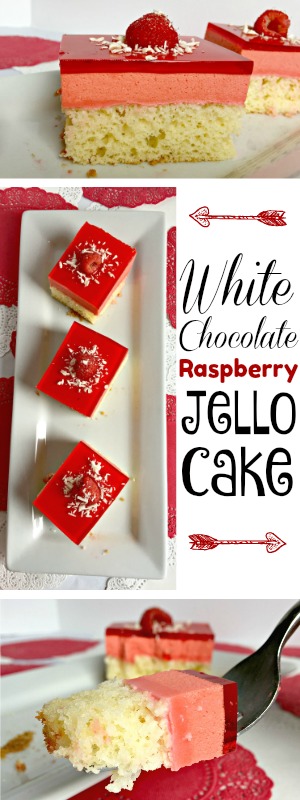 Don't let this white chocolate raspberry jello cake fool you! It's a dressed up box cake mix with everyone's favorite jiggly indulgence on top. Get the recipe on the blog: www.orsoshesays.com