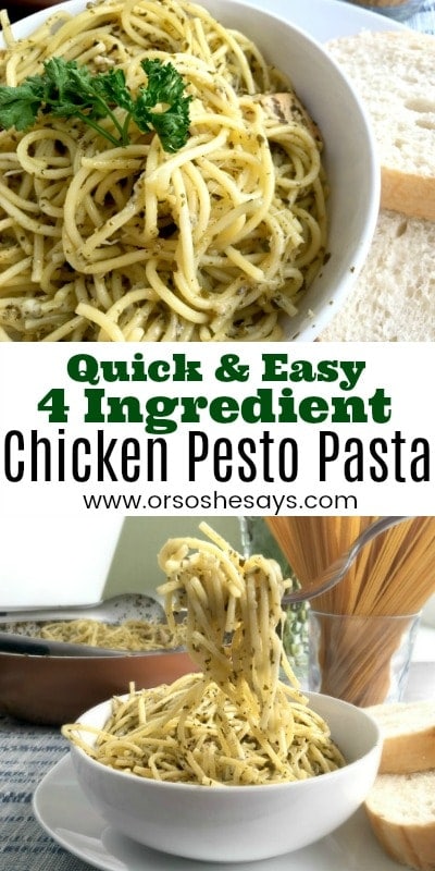 This 4 ingredient chicken pesto pasta can be on the table in just 30 minutes! Yes, that includes the chicken prep, and grating the cheese! Get the recipe today on the blog: www.orsoshesays.com