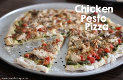 Chicken pesto pizza is a new favorite in our families, and is worth the little extra effort to make homemade dough. Get the recipe on www.orsoshesays.com.