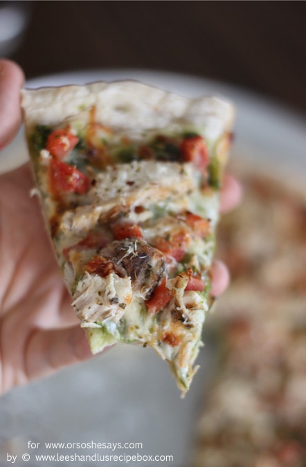 Chicken pesto pizza is a new favorite in our families, and is worth the little extra effort to make homemade dough. Get the recipe on www.orsoshesays.com.