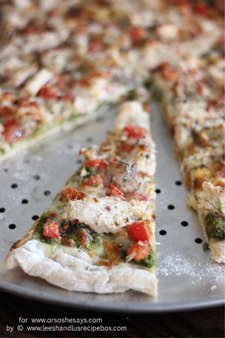 Chicken pesto pizza is a new favorite in our families, and is worth the little extra effort to make homemade dough. Get the recipe on www.orsoshesays.com.