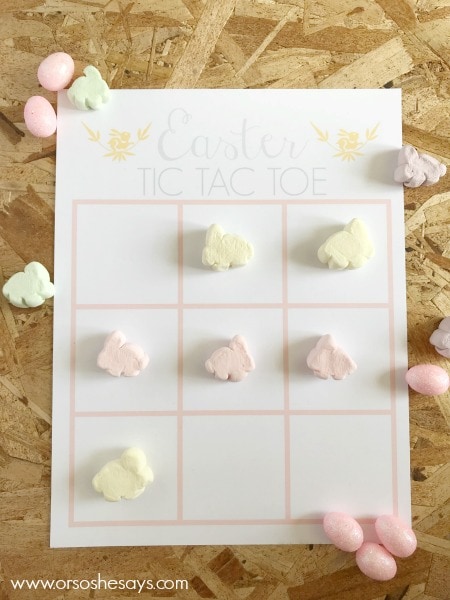 I'm sharing a free, quick, easy printable Easter tic-tac-toe game today that you can print out at home in a matter of minutes, and have a fun activity for your day's festivities. Get it at www.orsoshesays.com.