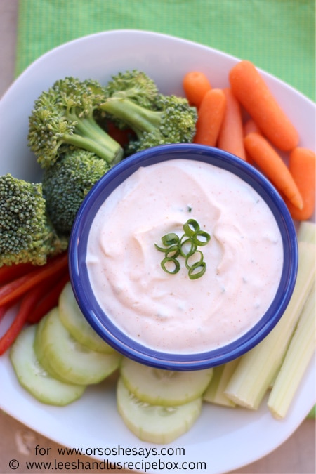 Whether it's on pizza night or you need to bring something for a potluck, a veggie tray with veggie dip is a quick and versatile side dish you can feel good about serving! Get this easy chive and garlic #veggiediprecipe on the blog today! www.orsoshesays.com #healthyrecipes #veggies #dip #veggietray #ldsblogger #family #familyrecipe #apps #appetizers #osssfeedthefamily #snacks